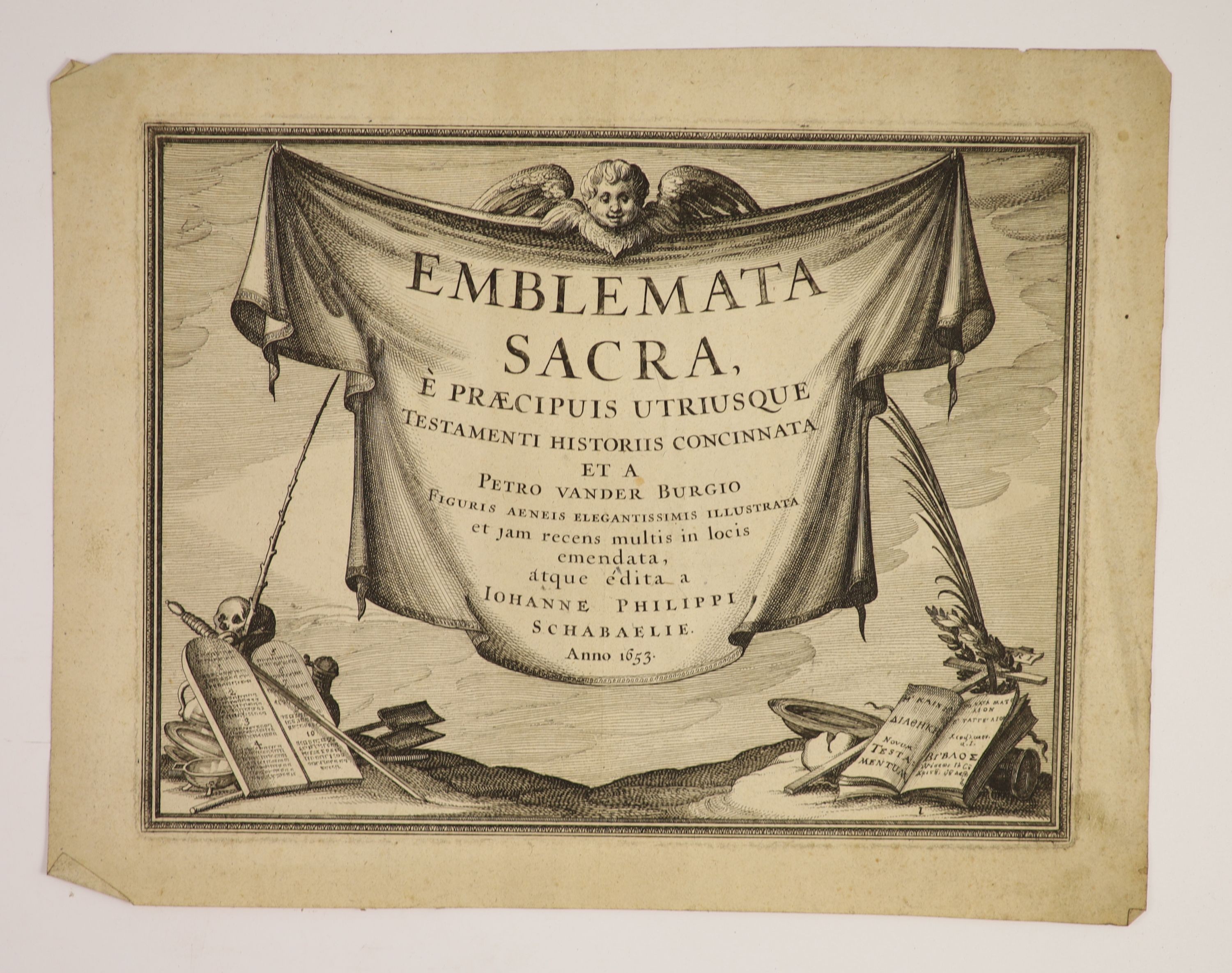 Schaebaelje, Jan Philipsz - Emblemata Sacra, a disbound, incomplete work, oblong folio, engraved title and plates by Pieter Van Der Borcht, Amsterdam, 1653 (sold w.a.f)